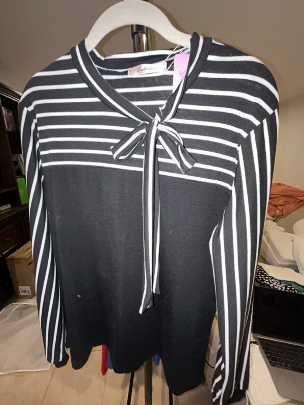 Black & White Striped Tie-Neck Top